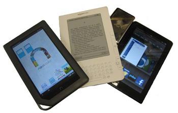 three types of tablets and a mobile phone
